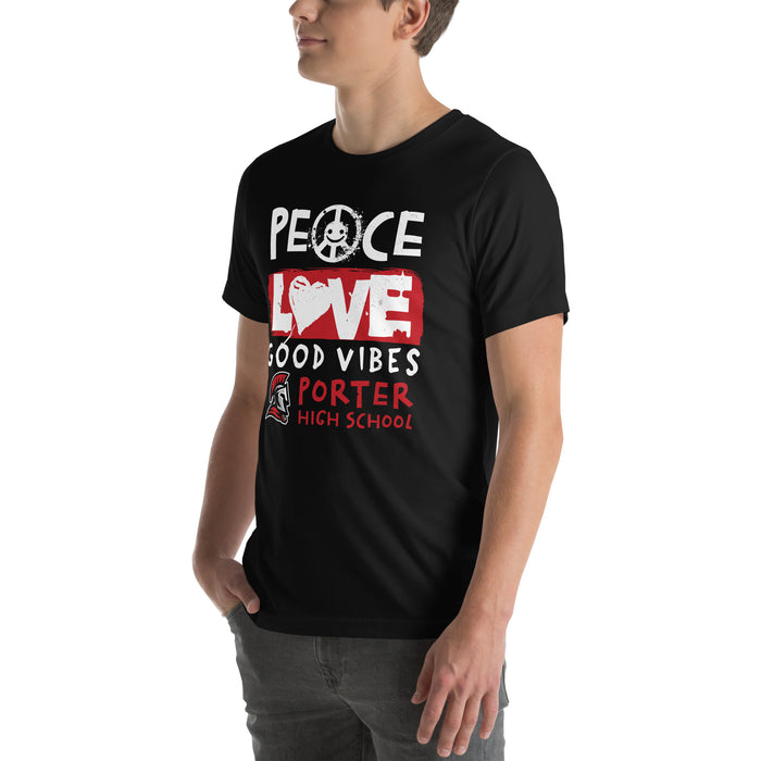 Man wearing Porter High School Spartans Black Premium Unisex T-shirt 240