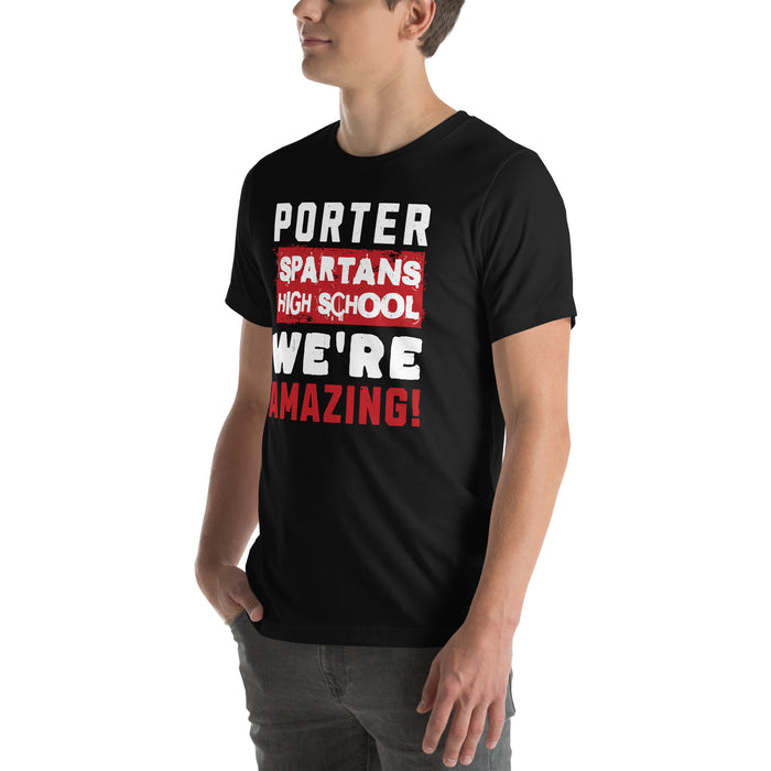 Man wearing Porter High School Spartans Black Premium Unisex T-shirt 231