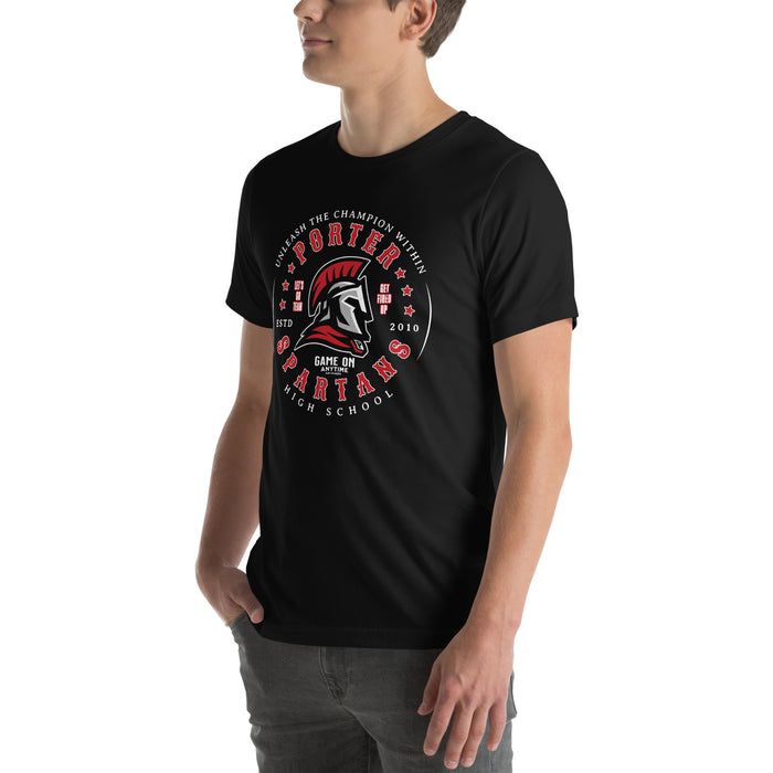 Man wearing Porter High School Spartans Black Premium Unisex T-shirt 214