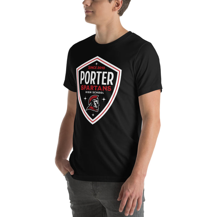 Man wearing Porter High School Spartans Black Premium Unisex T-shirt 225