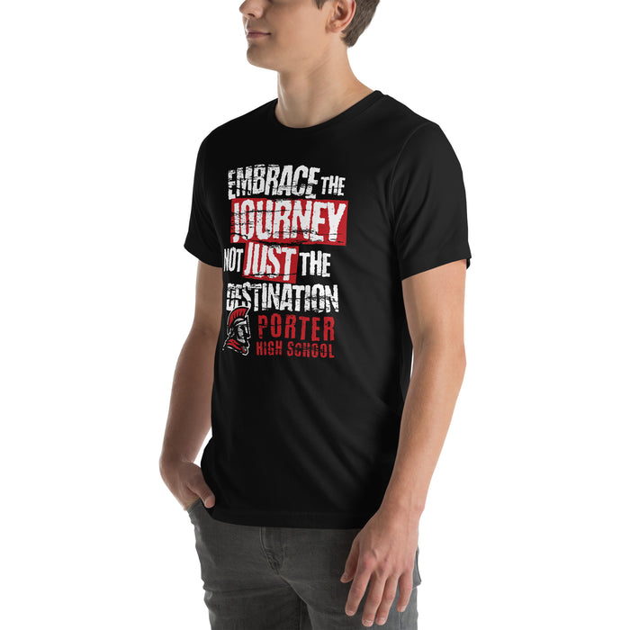 Man wearing Porter High School Spartans Black Premium Unisex T-shirt 232
