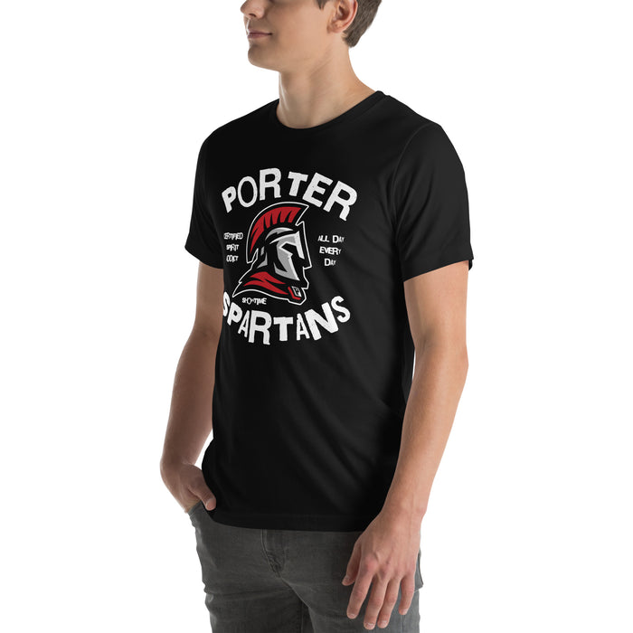 Man wearing Porter High School Spartans Black Premium Unisex T-shirt 228