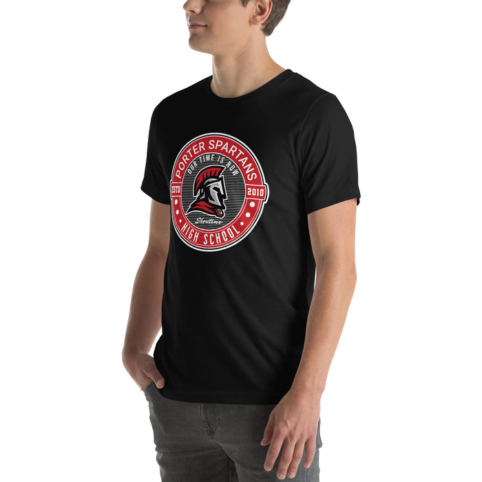 Man wearing Porter High School Spartans Black Premium Unisex T-shirt 224