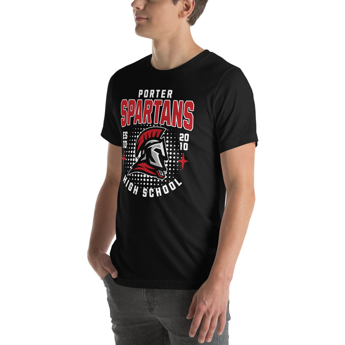 Man wearing Porter High School Spartans Black Premium Unisex T-shirt 204