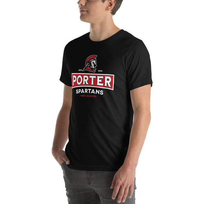 Man wearing Porter High School Spartans Black Premium Unisex T-shirt 202