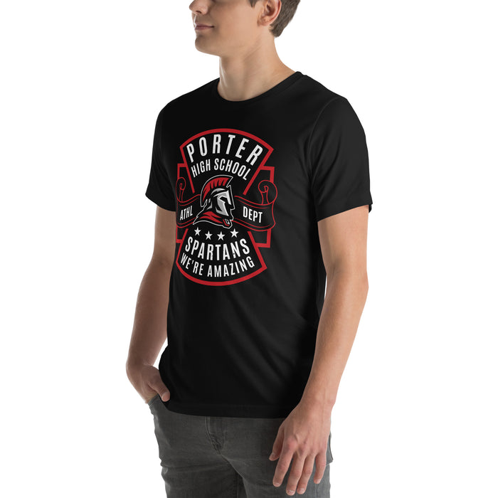 Man wearing Porter High School Spartans Black Premium Unisex T-shirt 207