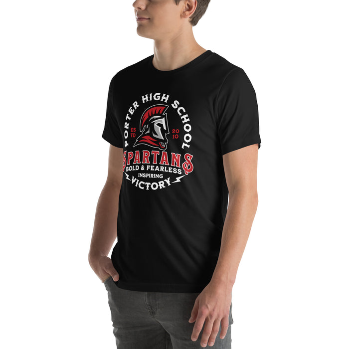Man wearing Porter High School Spartans Black Premium Unisex T-shirt 206