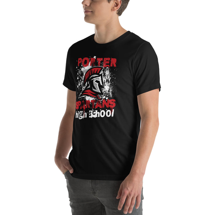Person wearing a black t-shirt with 'Porter Spartans High School' design on a white background - premium t-shirt design 205