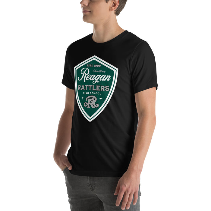 Man wearing Reagan High School Rattlers Black Premium Unisex T-shirt 225