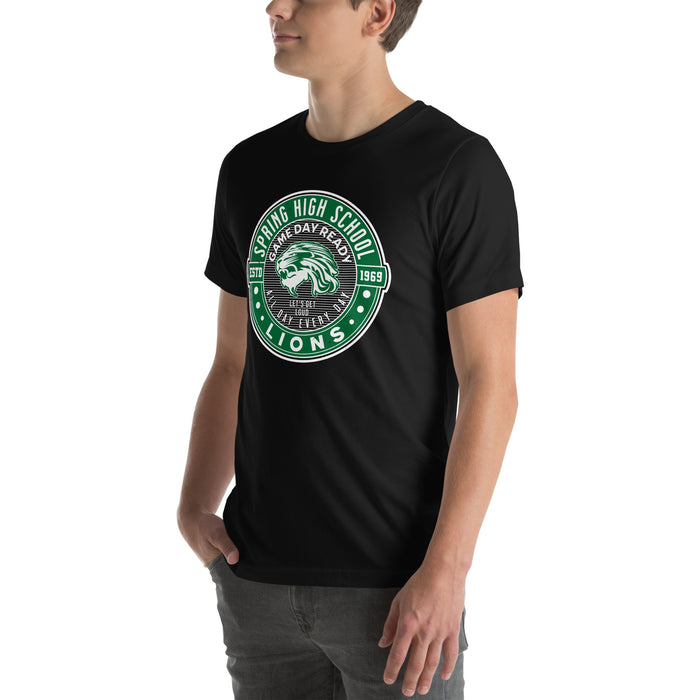 Man wearing Spring High School Lions Black Premium Unisex T-shirt 224