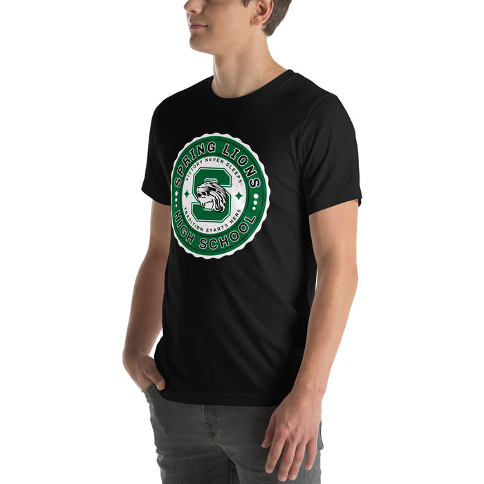 Man wearing Spring High School Lions Black Premium Unisex T-shirt 216