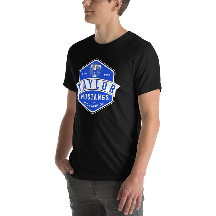 Man wearing Taylor High School Mustangs Black Premium Unisex T-shirt 209