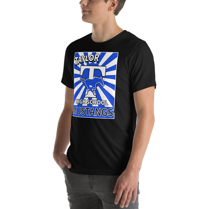 Man wearing Taylor High School Mustangs Black Premium Unisex T-shirt 226