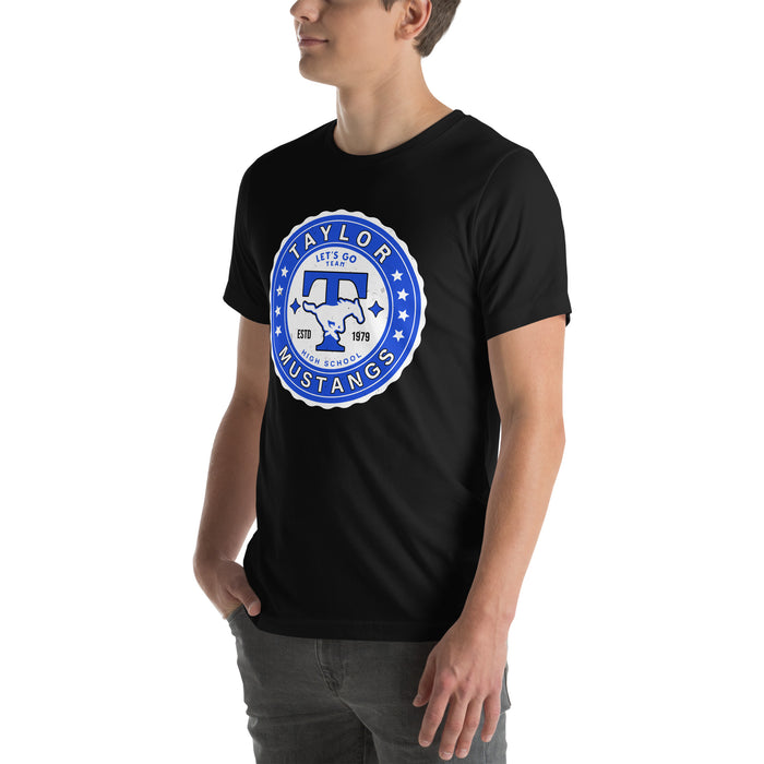 Man wearing Taylor High School Mustangs Black Premium Unisex T-shirt 216