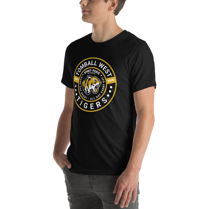 Man wearing Tomball West High School Tigers Black Premium Unisex T-shirt 239