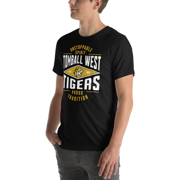 Man wearing Tomball West High School Tigers Black Premium Unisex T-shirt 210