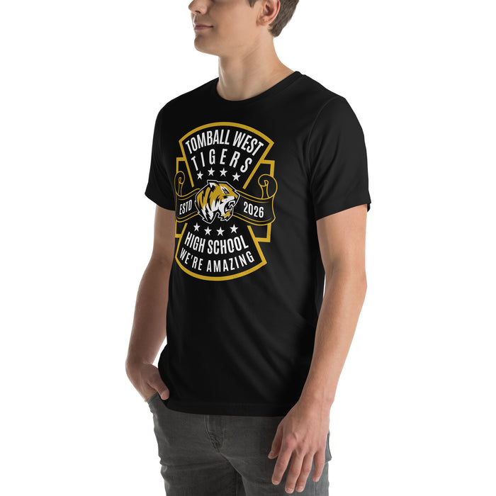 Man wearing Tomball West High School Tigers Black Premium Unisex T-shirt 207