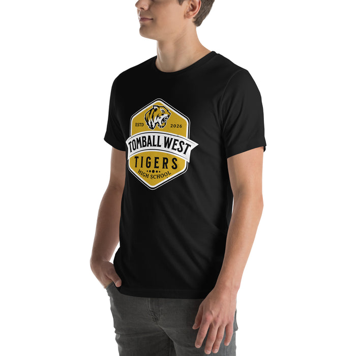 Man wearing Tomball West High School Tigers Black Premium Unisex T-shirt 209