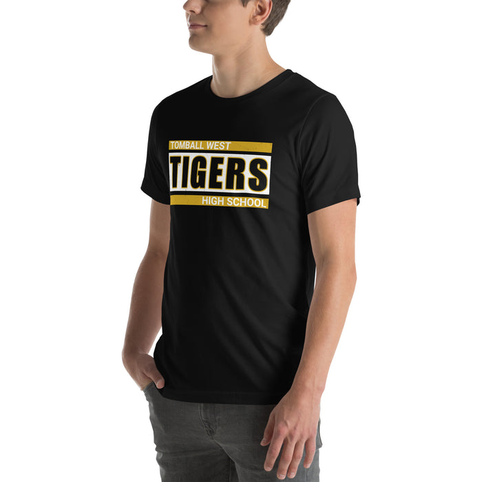 Man wearing Tomball West High School Tigers Black Premium Unisex T-shirt 098