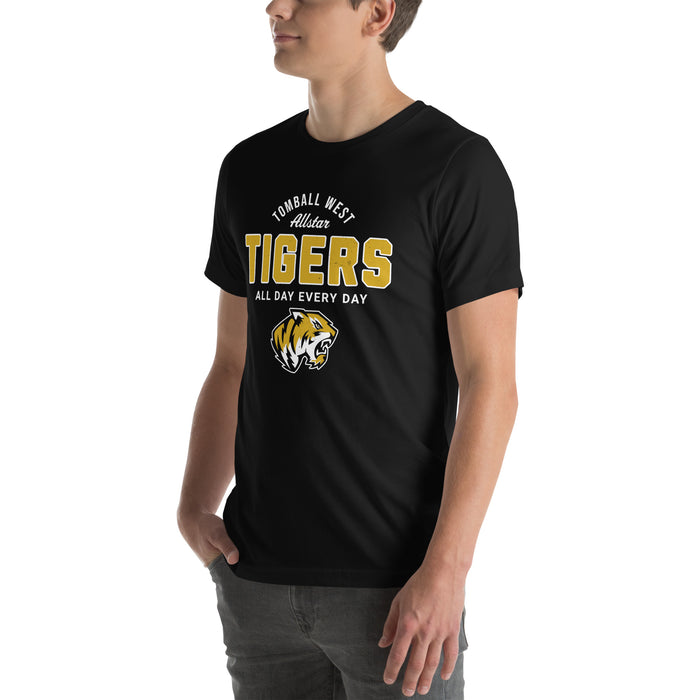 Man wearing Tomball West High School Tigers Black Premium Unisex T-shirt 040