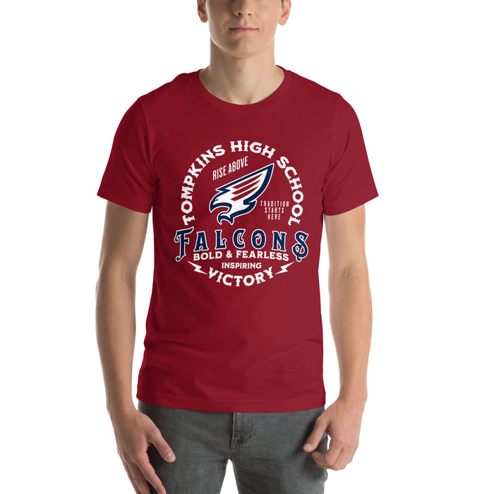 Man wearing Tompkins High School Falcons Cardinal Red Premium Unisex T-shirt 206