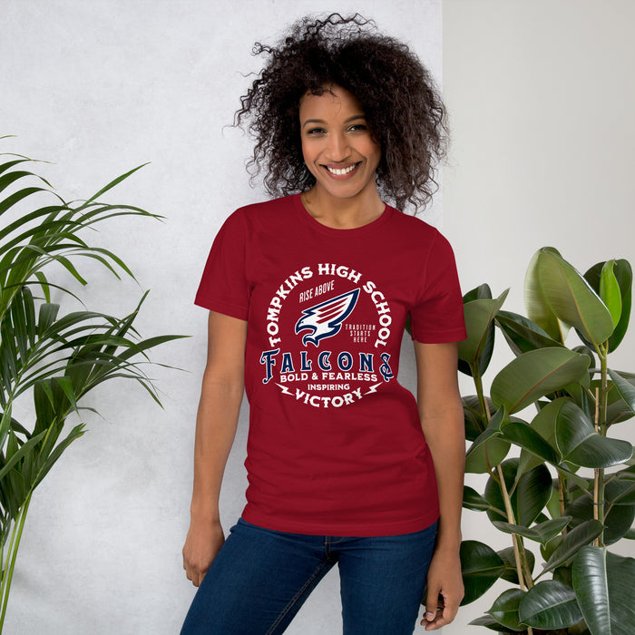 Woman wearing Tompkins High School Falcons Cardinal Red Premium Unisex T-shirt 206