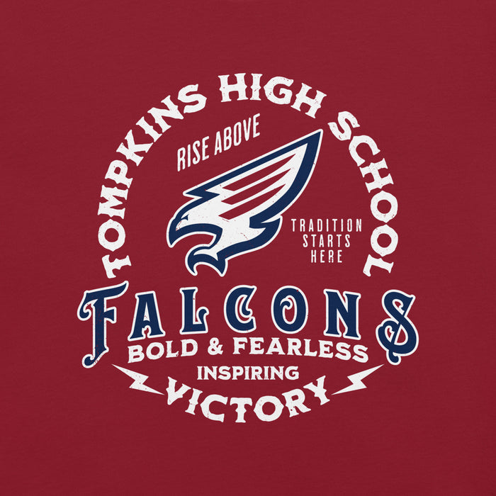 Close-up view of Tompkins High School Falcons Cardinal Red Premium Unisex T-shirt 206