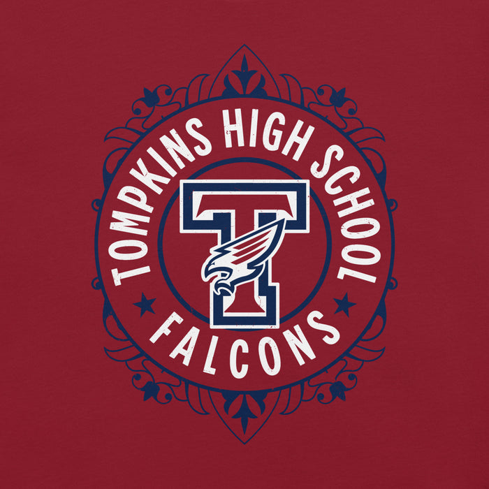 Close-up view of Tompkins High School Falcons Cardinal Red Premium Unisex T-shirt 227