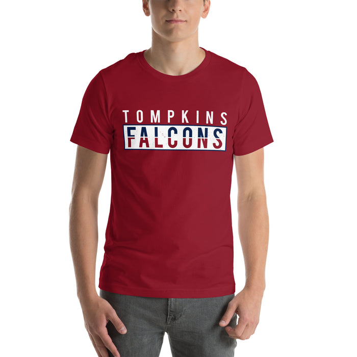 Man wearing Tompkins High School Falcons Cardinal Red Premium Unisex T-shirt 031