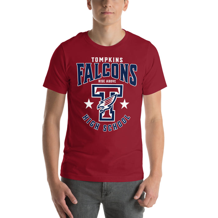 Man wearing Tompkins High School Falcons Cardinal Red Premium Unisex T-shirt 213