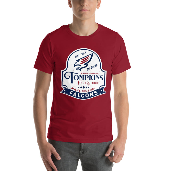 Man wearing Tompkins High School Falcons Cardinal Red Premium Unisex T-shirt 219