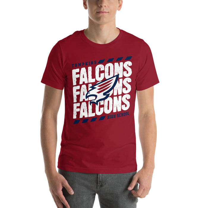 Man wearing Tompkins High School Falcons Cardinal Red Premium Unisex T-shirt 223