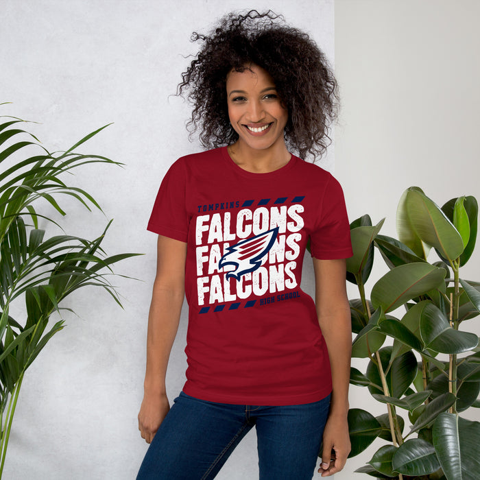 Woman wearing Tompkins High School Falcons Cardinal Red Premium Unisex T-shirt 223