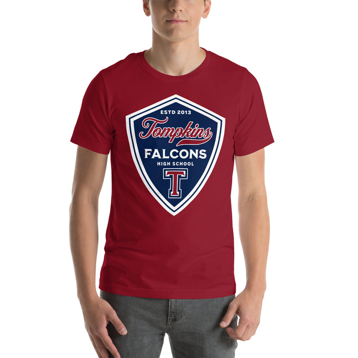 Man wearing Tompkins High School Falcons Cardinal Red Premium Unisex T-shirt 225