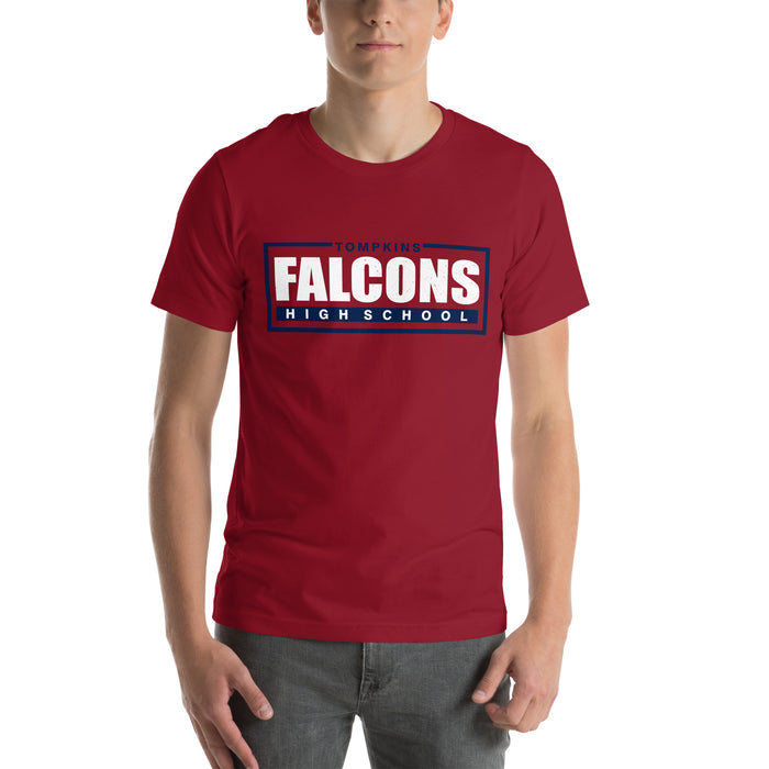 Man wearing Tompkins High School Falcons Cardinal Red Premium Unisex T-shirt 049