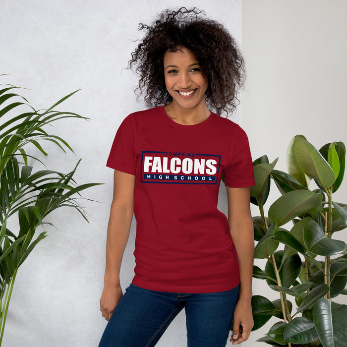 Woman wearing Tompkins High School Falcons Cardinal Red Premium Unisex T-shirt 049