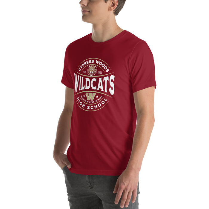 Man wearing Cypress Woods High School Wildcats Cardinal Red Premium Unisex T-shirt 218