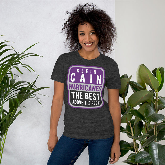 A woman wearing Klein Cain High School Hurricanes Premium Dark Grey Heather T-shirt 01