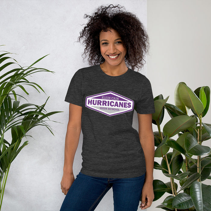 A women wearing Klein Cain High School Hurricanes Premium Dark Grey Heather T-shirt 09