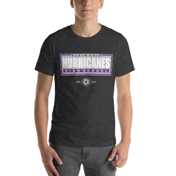 A man wearing Klein Cain High School Hurricanes Premium Dark Grey Heather T-shirt 49