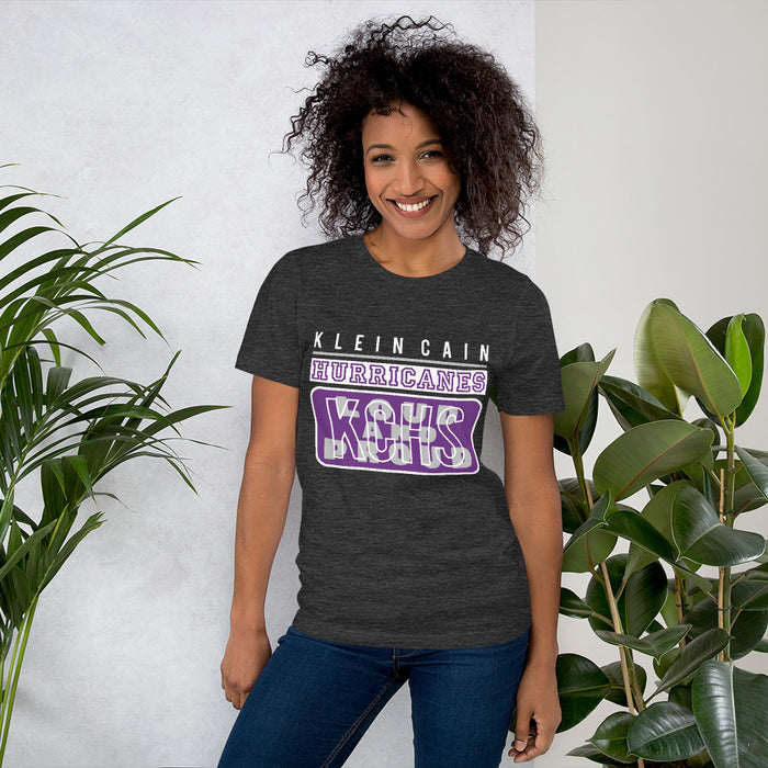 A woman wearing Klein Cain High School Hurricanes Premium Dark Grey Heather T-shirt 86