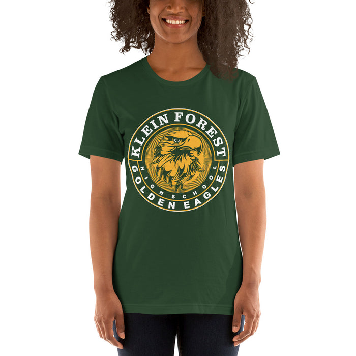 Woman wearing a Klein Forest High School Premium Forest Green Unisex T-shirt 02