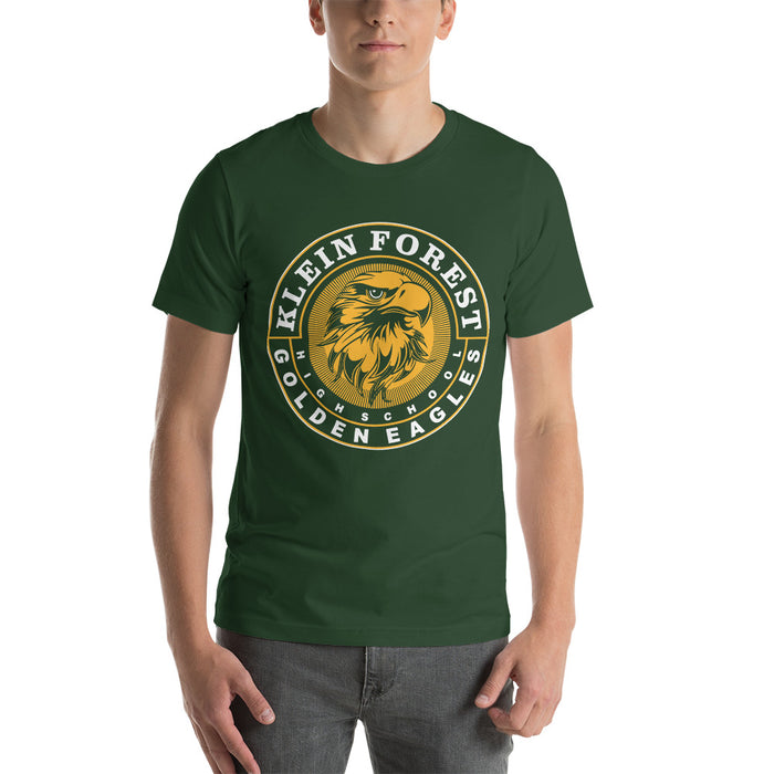 Man wearing a Klein Forest High School Premium Forest Green Unisex T-shirt 02