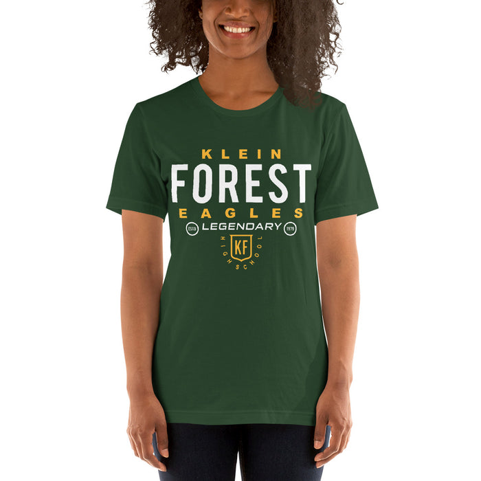 Womanwearing a Klein Forest High School Premium Forest Green Unisex T-shirt 03