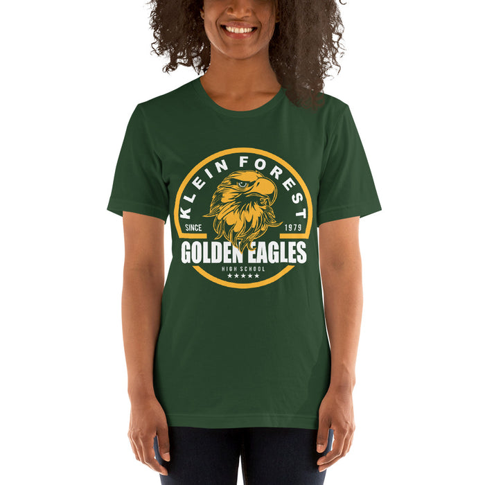 Woman wearing a Klein Forest High School Premium Forest Green Unisex T-shirt 04