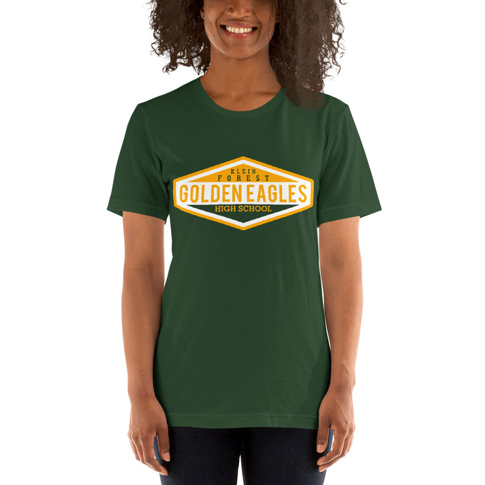 Woman wearing a Klein Forest High School Premium Forest Green Unisex T-shirt 09