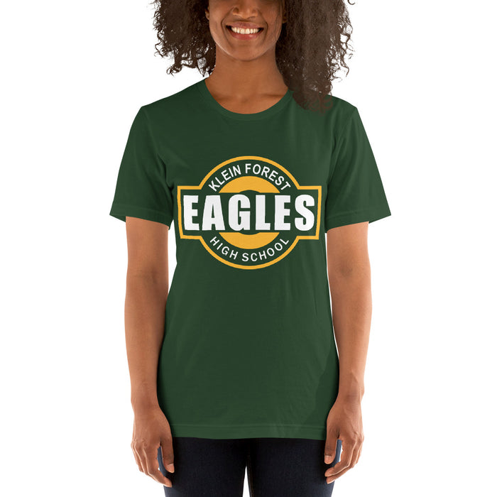 Woman wearing a Klein Forest High School Premium Forest Green Unisex T-shirt 11