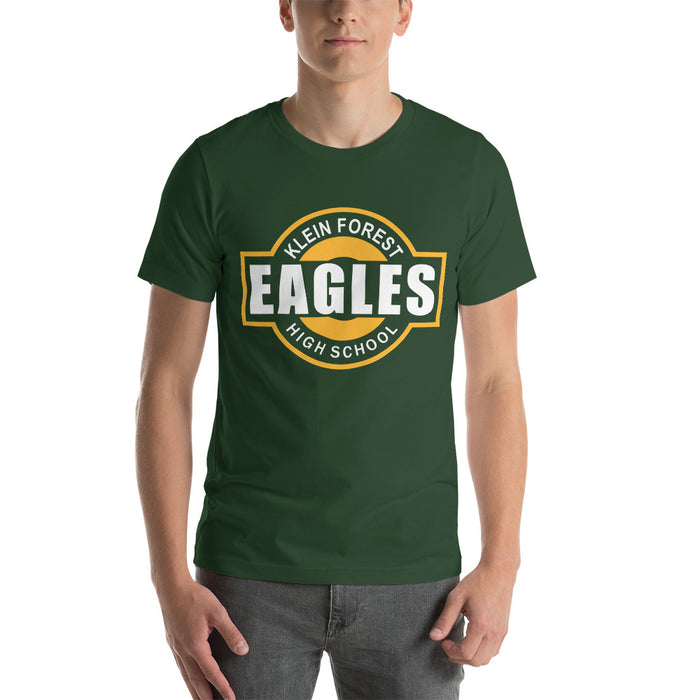 Man wearing a Klein Forest High School Premium Forest Green Unisex T-shirt 11