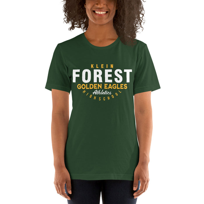 Woman wearing a Klein Forest High School Premium Forest Green Unisex T-shirt 12