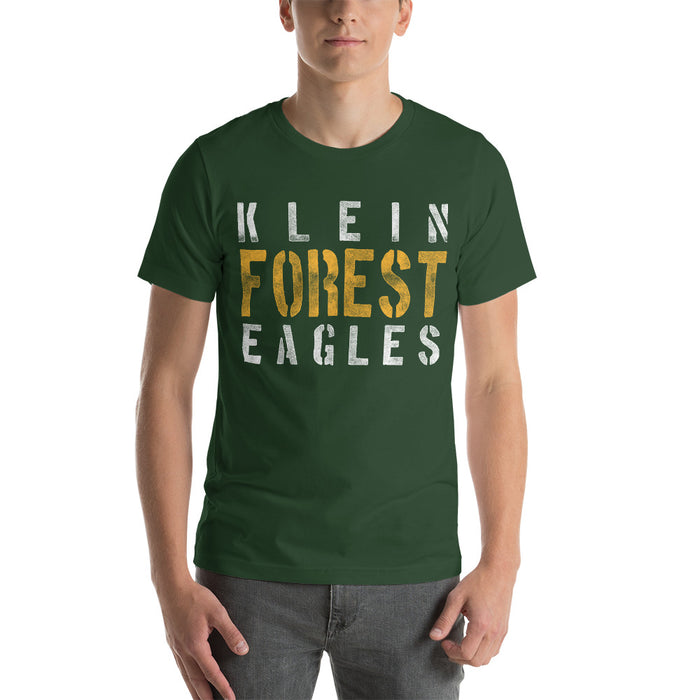 Man wearing a Klein Forest High School Premium Forest Green Unisex T-shirt 17